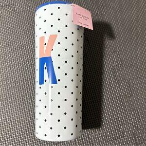 Kate Spade White Tumbler with Black Dots and Blue Lid